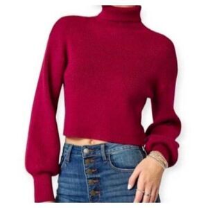 FRANCESCA'S BLUE RAIN BURGUNDY/FUCHSIA  CROP BALLOON SLEEVE TURTLENECK SWEATER S